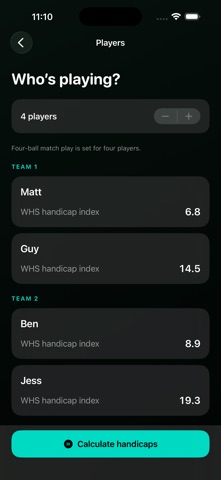 Shots Sorted saved golfers and Handicap Indexes